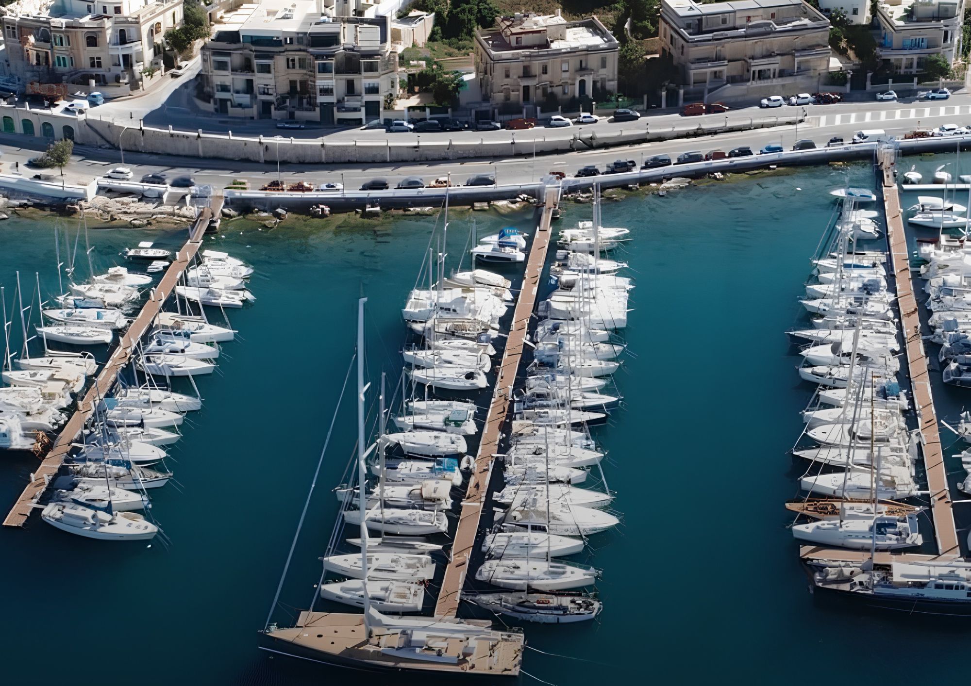 Ta xbiex marina with yachs and villas along coast line